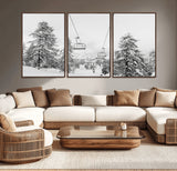 55003599-MGV-CV-36X24-Snowy Ski Lift Wall Art Canvas Print, Framed Winter Forest Art Picture Print, Ski lift Ride Perfect Winter Lodge Decor Artwork