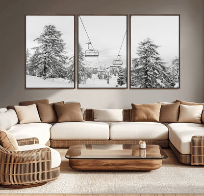 55003599-MGV-CV-36X24-Snowy Ski Lift Wall Art Canvas Print, Framed Winter Forest Art Picture Print, Ski lift Ride Perfect Winter Lodge Decor Artwork