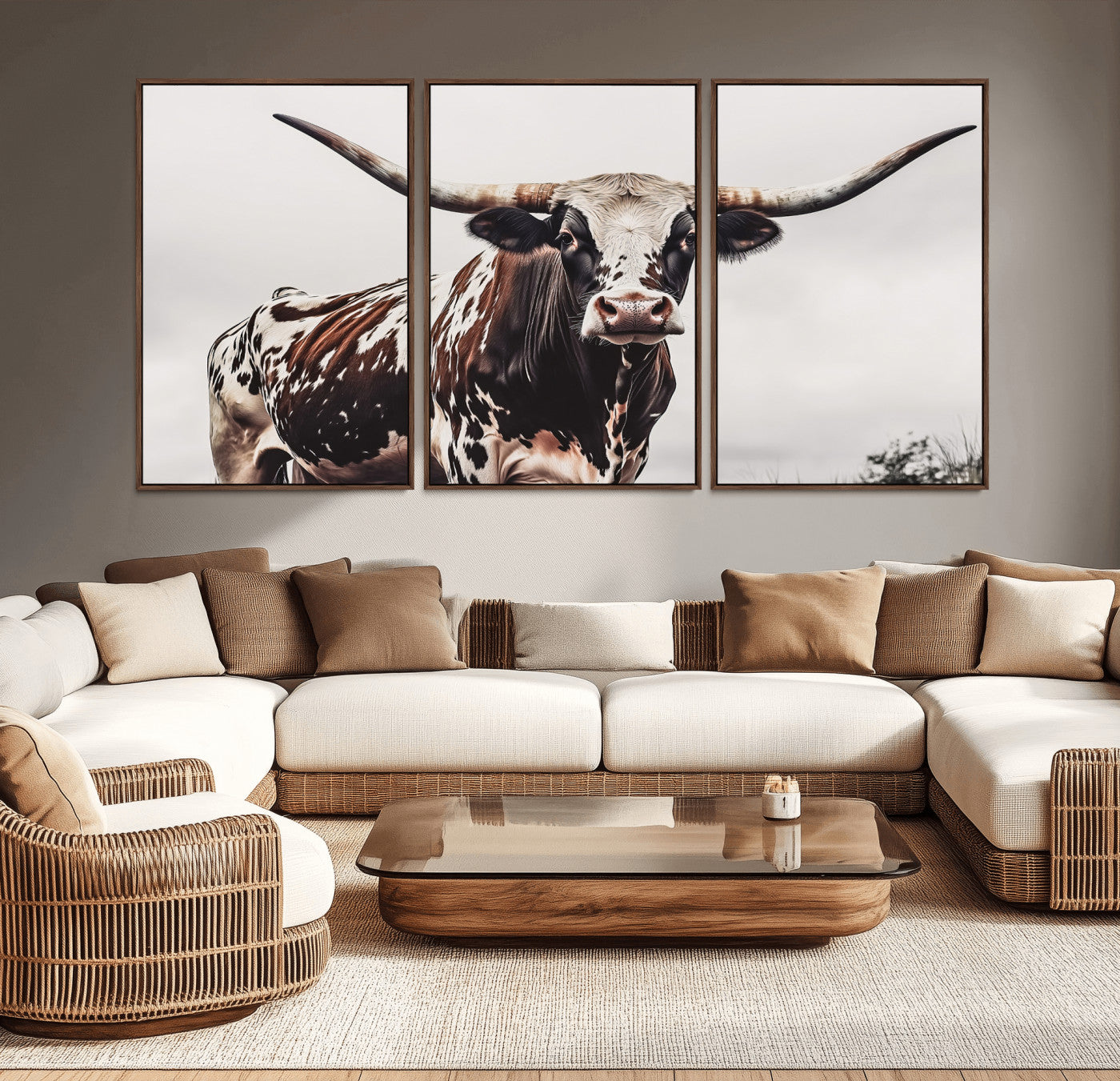 95249234-MGV-CV-36X24-Texas Longhorn Wall Art Canvas Print, Framed Spotted Bull Art Picture Print, Horned Cattle Perfect Rustic Farmhouse Decor Artwork
