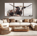 95249234-MGV-CV-36X24-Texas Longhorn Wall Art Canvas Print, Framed Spotted Bull Art Picture Print, Horned Cattle Perfect Rustic Farmhouse Decor Artwork