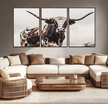 95249234-MGV-CV-36X24-Texas Longhorn Wall Art Canvas Print, Framed Spotted Bull Art Picture Print, Horned Cattle Perfect Rustic Farmhouse Decor Artwork