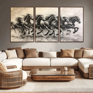 56089591-MGV-CV-36X24-Galloping Horses Wall Art Canvas Print, Framed Wild Stallions Art Picture Print, Horse Herd Sketch Perfect Monochrome Dynamic
