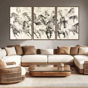 19433417-MGV-CV-36X24-Running Horses Wall Art Canvas Print, Framed Horse Sketch Art Picture Print, Galloping Herd Perfect Monochrome Western Decor