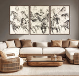 19433417-MGV-CV-36X24-Running Horses Wall Art Canvas Print, Framed Horse Sketch Art Picture Print, Galloping Herd Perfect Monochrome Western Decor