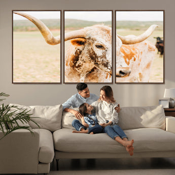 21060648-MGV-FC-60X30-3P_Walnut-Texas Longhorn Wall Art Canvas Print, Framed Speckled Cow Art Picture Print, Rustic Bull Perfect Rustic Western Decor Artwork