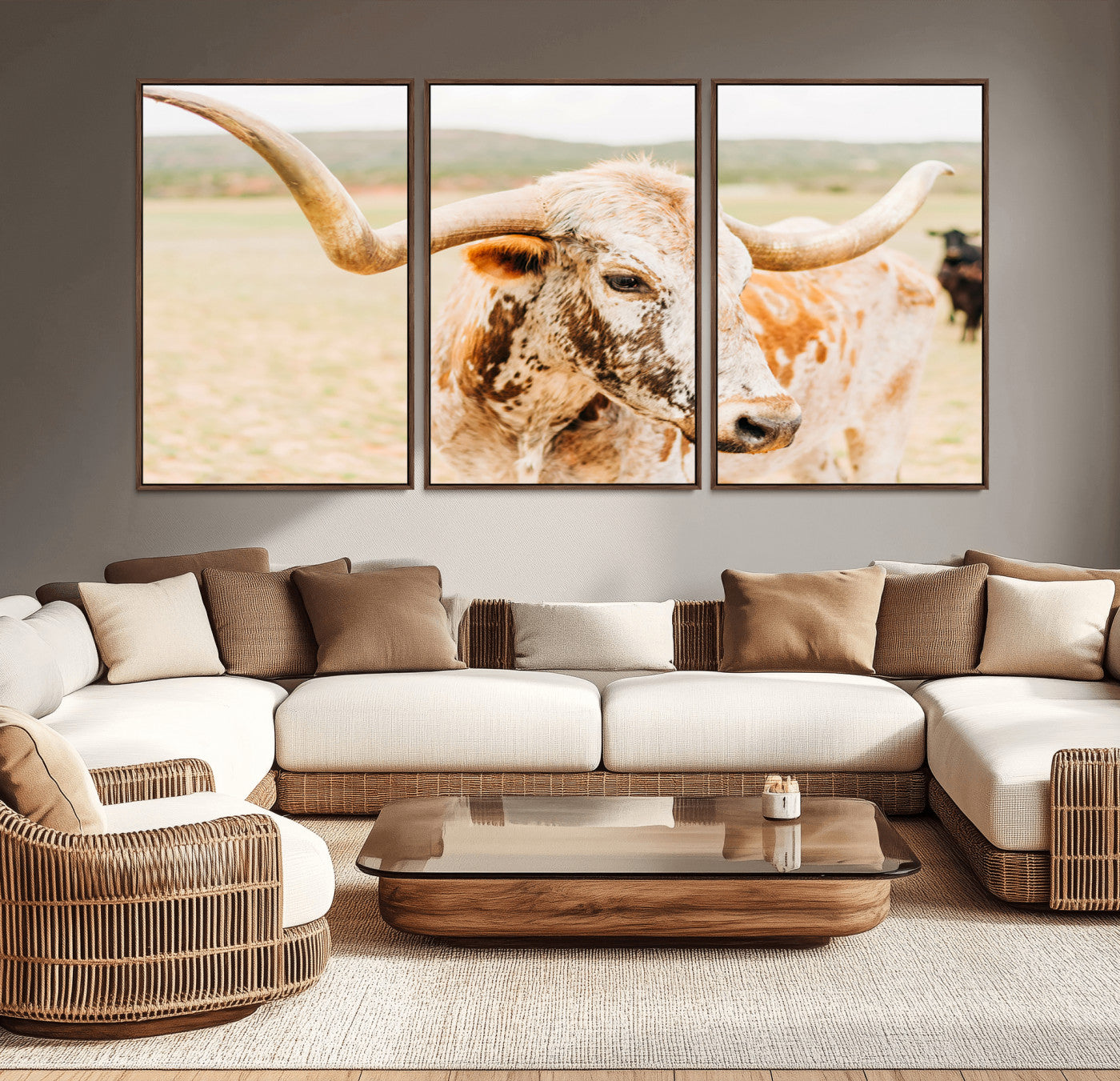 21060648-MGV-CV-36X24-Texas Longhorn Wall Art Canvas Print, Framed Speckled Cow Art Picture Print, Rustic Bull Perfect Rustic Western Decor Artwork