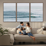 73969318-MGV-FC-60X30-3P_Walnut-Ocean Waves Wall Art Canvas Print, Framed Surfer Lineup Art Picture Print, Crowded Ocean Perfect Minimal Coastal Decor Artwork