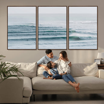 73969318-MGV-FC-60X30-3P_Walnut-Ocean Waves Wall Art Canvas Print, Framed Surfer Lineup Art Picture Print, Crowded Ocean Perfect Minimal Coastal Decor Artwork