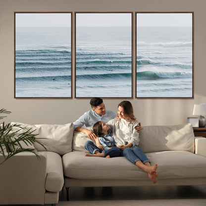 73969318-MGV-FC-60X30-3P_Walnut-Ocean Waves Wall Art Canvas Print, Framed Surfer Lineup Art Picture Print, Crowded Ocean Perfect Minimal Coastal Decor Artwork