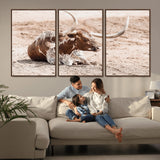 25407592-MGV-FC-60X30-3P_Walnut-Texas Longhorn Wall Art Canvas Print, Framed Resting Bull Art Picture Print, Spotted Cattle Perfect Rustic Western Decor Artwork
