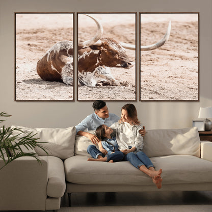 25407592-MGV-FC-60X30-3P_Walnut-Texas Longhorn Wall Art Canvas Print, Framed Resting Bull Art Picture Print, Spotted Cattle Perfect Rustic Western Decor Artwork