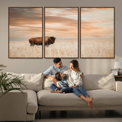 87282289-MGV-FC-60X30-3P_Walnut-Bison Wall Art Canvas Print, Framed Buffalo Art Picture Print, Western Prairie Perfect Rustic Decor Artwork