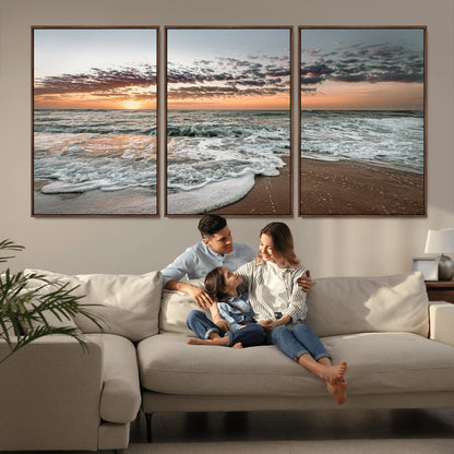 40632752-MGV-FC-60X30-3P_Walnut-Ocean Sunset Wall Art Canvas Print, Framed Beach Waves Art Picture Print, Coastal Scene Perfect Coastal Decor Artwork
