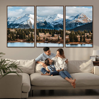 36247746-MGV-FC-60X30-3P_Walnut-Snowy Peaks Wall Art Canvas Print, Framed Alpine Lake Art Picture Print, Pine Forest Perfect Alpine Wilderness Decor Artwork