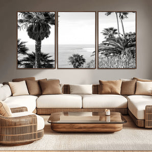 89458520-MGV-CV-36X24-Palm Trees Wall Art Canvas Print, Framed Coastal View Art Picture Print, Ocean Horizon Perfect Monochrome Coast Decor Artwork