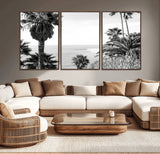 89458520-MGV-CV-36X24-Palm Trees Wall Art Canvas Print, Framed Coastal View Art Picture Print, Ocean Horizon Perfect Monochrome Coast Decor Artwork