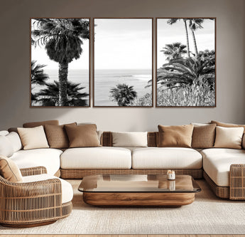 89458520-MGV-CV-36X24-Palm Trees Wall Art Canvas Print, Framed Coastal View Art Picture Print, Ocean Horizon Perfect Monochrome Coast Decor Artwork