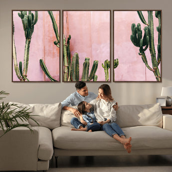 93119502-MGV-FC-60X30-3P_Walnut-Tall Cactus Wall Art Canvas Print, Framed Pink Wall Art Picture Print, Cactus Lines Perfect Modern Desert Decor Artwork