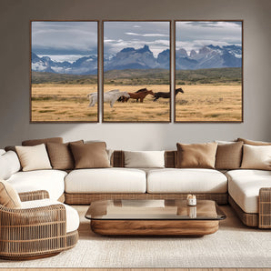 69960232-MGV-CV-36X24-Wild Horses Wall Art Canvas Print, Framed Patagonian Peaks Art Picture Print, Torres del Paine Perfect Rustic Patagonian Decor