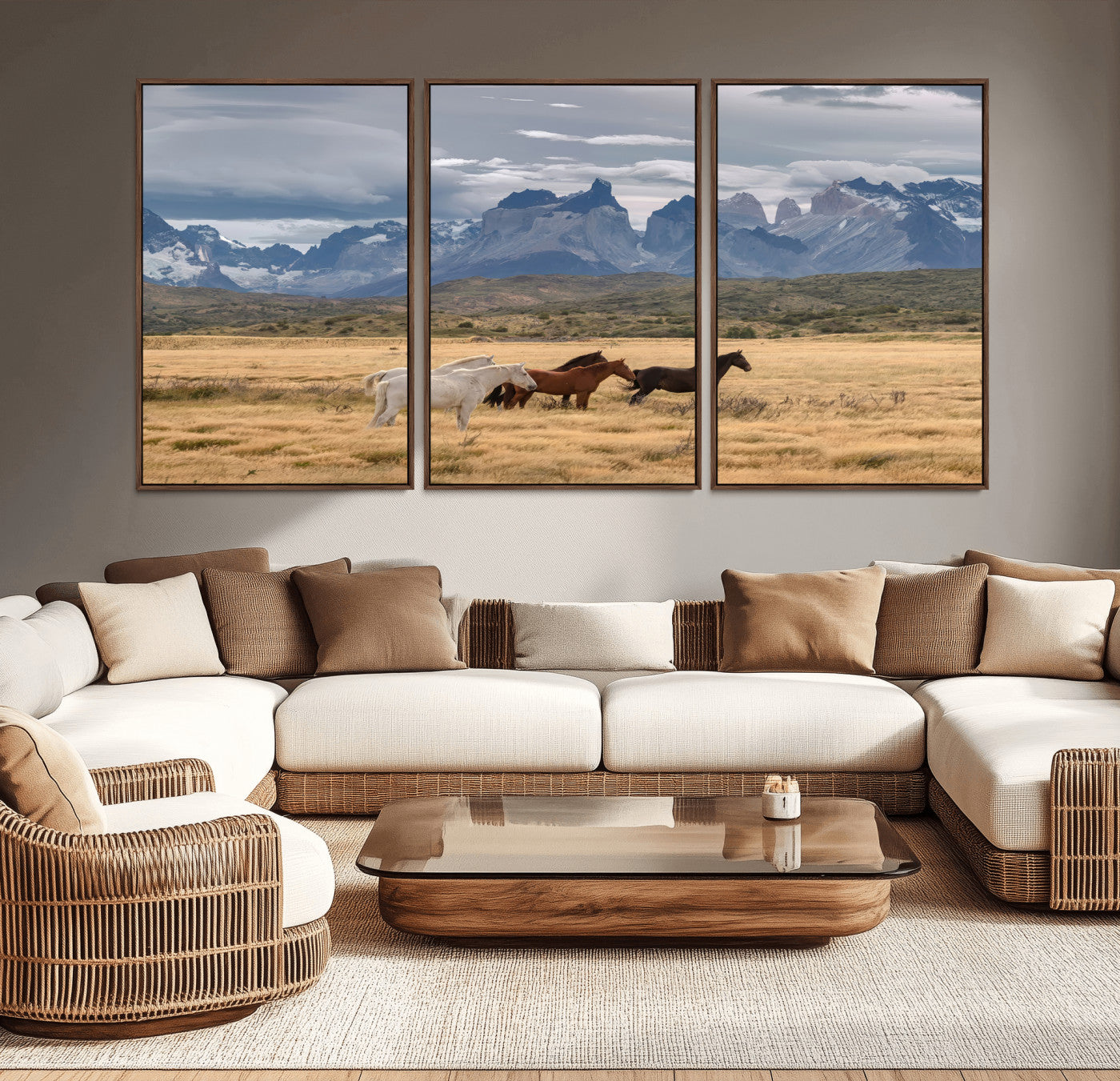 69960232-MGV-CV-36X24-Wild Horses Wall Art Canvas Print, Framed Patagonian Peaks Art Picture Print, Torres del Paine Perfect Rustic Patagonian Decor
