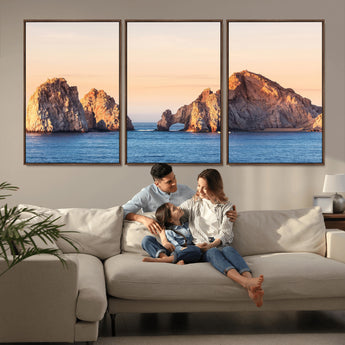 72996116-MGV-FC-60X30-3P_Walnut-El Arco Wall Art Canvas Print, Framed Cabo Rocks Art Picture Print, Ocean Arch Perfect Golden Coastal Landmark Decor Artwork