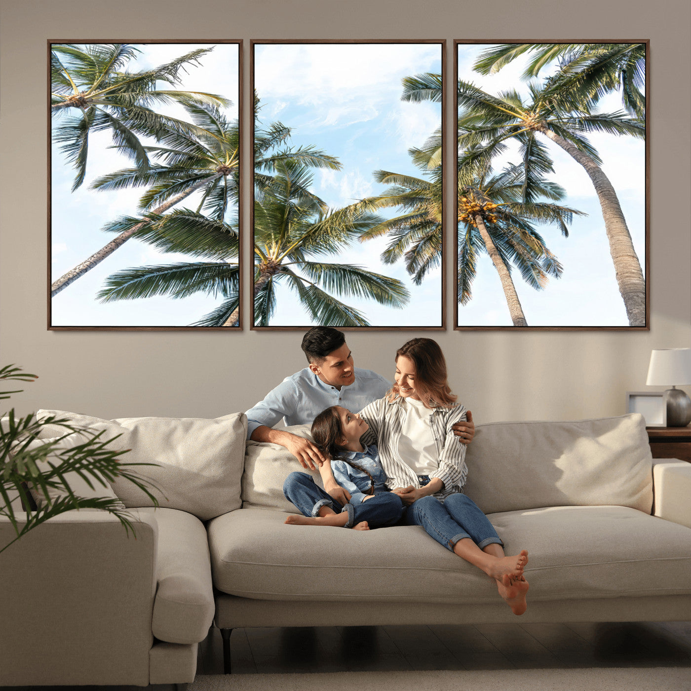 87247012-MGV-FC-60X30-3P_Walnut-Skyward Palm Trees Wall Art Canvas Print, Framed Tropical Sky Art Picture Print, Coconut Palm Perfect Tropical Skyview Decor