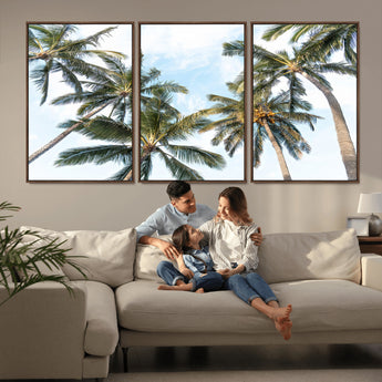 87247012-MGV-FC-60X30-3P_Walnut-Skyward Palm Trees Wall Art Canvas Print, Framed Tropical Sky Art Picture Print, Coconut Palm Perfect Tropical Skyview Decor