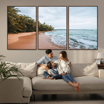 88125882-MGV-FC-60X30-3P_Walnut-Tropical Shoreline Wall Art Canvas Print, Framed Palm Trees Art Picture Print, Tropical Ocean Perfect Tropical Coastal Decor