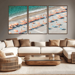 27805351-MGV-CV-36X24-Colorful Umbrellas Wall Art Canvas Print, Framed Sunny Beach Art Picture Print, Beach Lounges Perfect Mediterranean Retro Beach