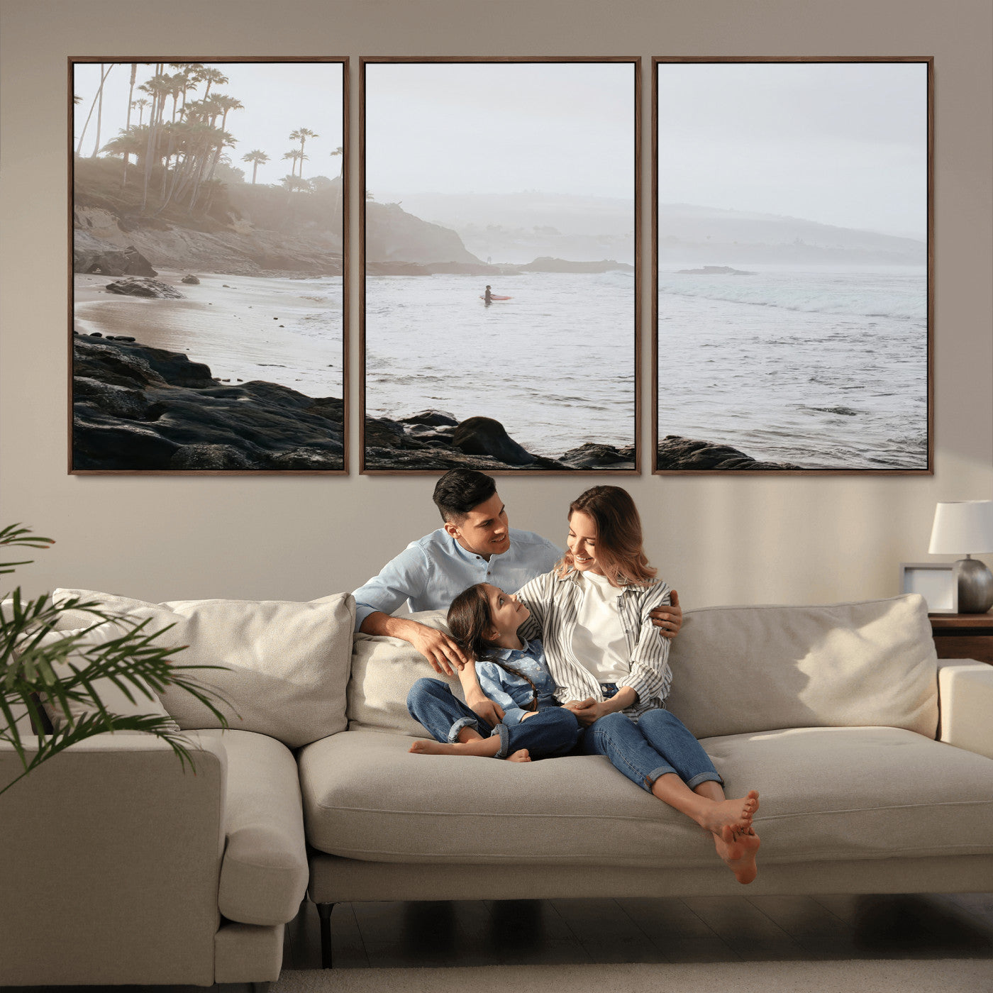 62501405-MGV-FC-60X30-3P_Walnut-Misty Beach Wall Art Canvas Print, Framed California Surfer Art Picture Print, Coastal Cliff Perfect Coastal Beach Decor Artwork