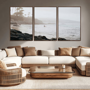 62501405-MGV-CV-36X24-Misty Beach Wall Art Canvas Print, Framed California Surfer Art Picture Print, Coastal Cliff Perfect Coastal Beach Decor Artwork