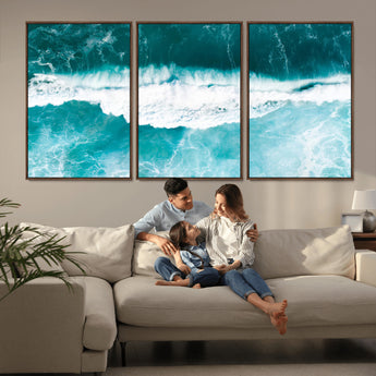 23828594-MGV-FC-60X30-3P_Walnut-Aerial Waves Wall Art Canvas Print, Framed Ocean Break Art Picture Print, Sea Foam Perfect Tropical Coastal Decor Artwork