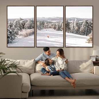 62119206-MGV-FC-60X30-3P_Walnut-Snowy Trail Wall Art Canvas Print, Framed Ski Slope Art Picture Print, Winter Pines Perfect Alpine Adventure Decor Artwork