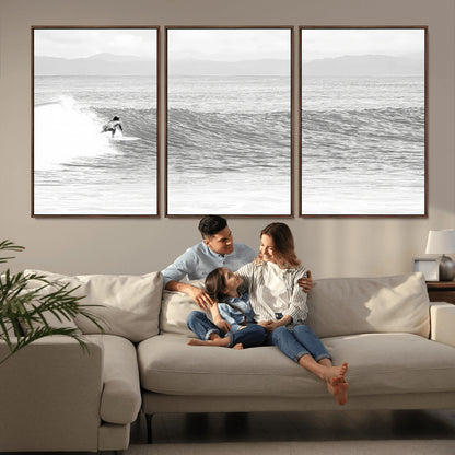 81535128-MGV-FC-60X30-3P_Walnut-Surfer Woman Wall Art Canvas Print, Framed Black Ocean Art Picture Print, Ocean Surfing Perfect Monochrome Coastal Decor Artwork
