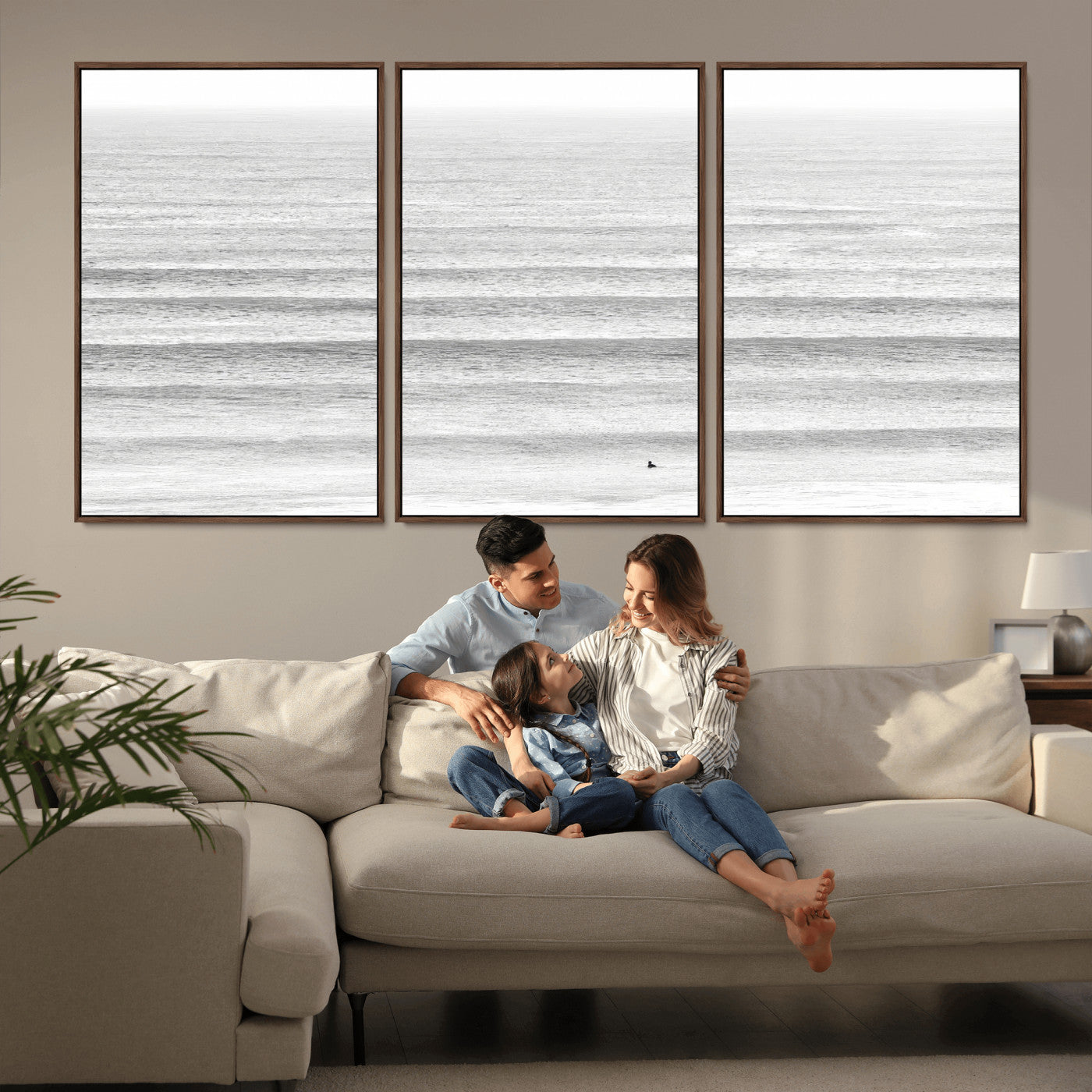 66534476-MGV-FC-60X30-3P_Walnut-Lone Surfer Wall Art Canvas Print, Framed Ocean Waves Art Picture Print, Minimal Sea Perfect Minimal Coastal Decor Artwork