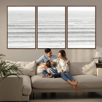 66534476-MGV-FC-60X30-3P_Walnut-Lone Surfer Wall Art Canvas Print, Framed Ocean Waves Art Picture Print, Minimal Sea Perfect Minimal Coastal Decor Artwork