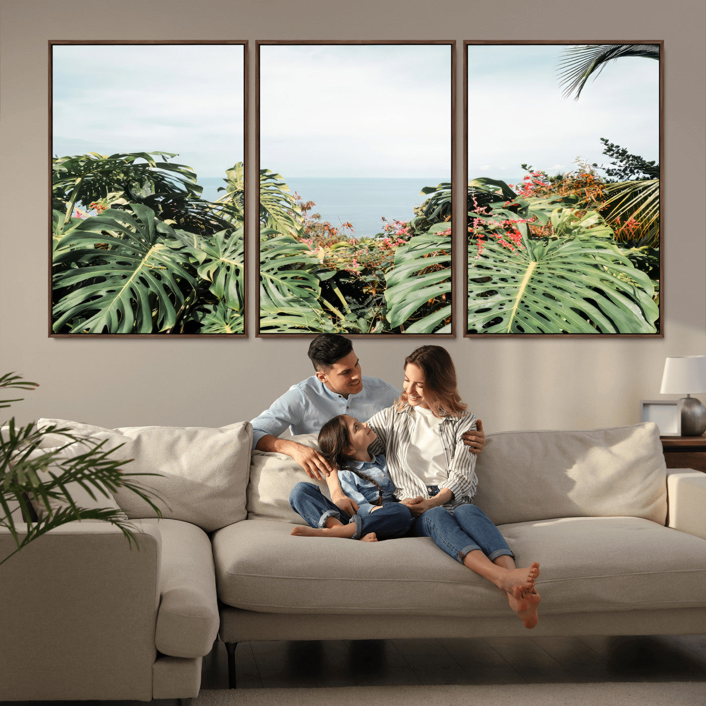 45700479-MGV-FC-60X30-3P_Walnut-Monstera Leaves Wall Art Canvas Print, Framed Tropical Ocean Art Picture Print, Tropical Foliage Perfect Tropical Coastal Jungle