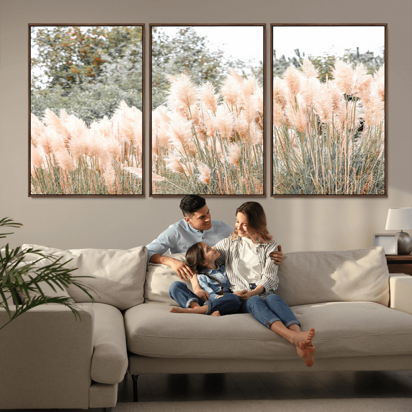 21826392-MGV-FC-60X30-3P_Walnut-Pampas Grass Wall Art Canvas Print, Framed Soft Pampas Art Picture Print, Pastel Grasses Perfect Soft Neutral Boho Decor Artwork