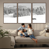 68081143-MGV-FC-60X30-3P_Walnut-Snowy Bison Wall Art Canvas Print, Framed Winter Forest Art Picture Print, Lone Bison Perfect Monochrome Winter Wild Decor Artwork