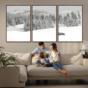 68081143-MGV-FC-60X30-3P_Walnut-Snowy Bison Wall Art Canvas Print, Framed Winter Forest Art Picture Print, Lone Bison Perfect Monochrome Winter Wild Decor Artwork