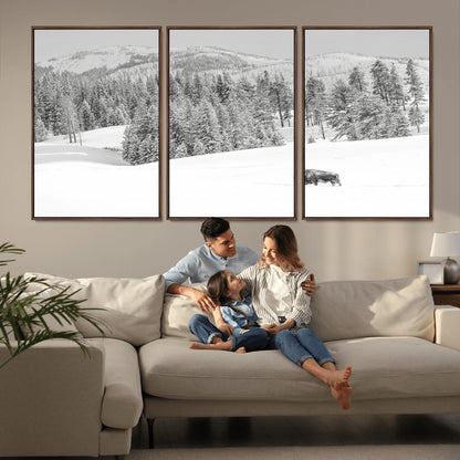 68081143-MGV-FC-60X30-3P_Walnut-Snowy Bison Wall Art Canvas Print, Framed Winter Forest Art Picture Print, Lone Bison Perfect Monochrome Winter Wild Decor Artwork