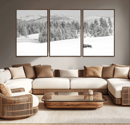 68081143-MGV-CV-36X24-Snowy Bison Wall Art Canvas Print, Framed Winter Forest Art Picture Print, Lone Bison Perfect Monochrome Winter Wild Decor Artwork