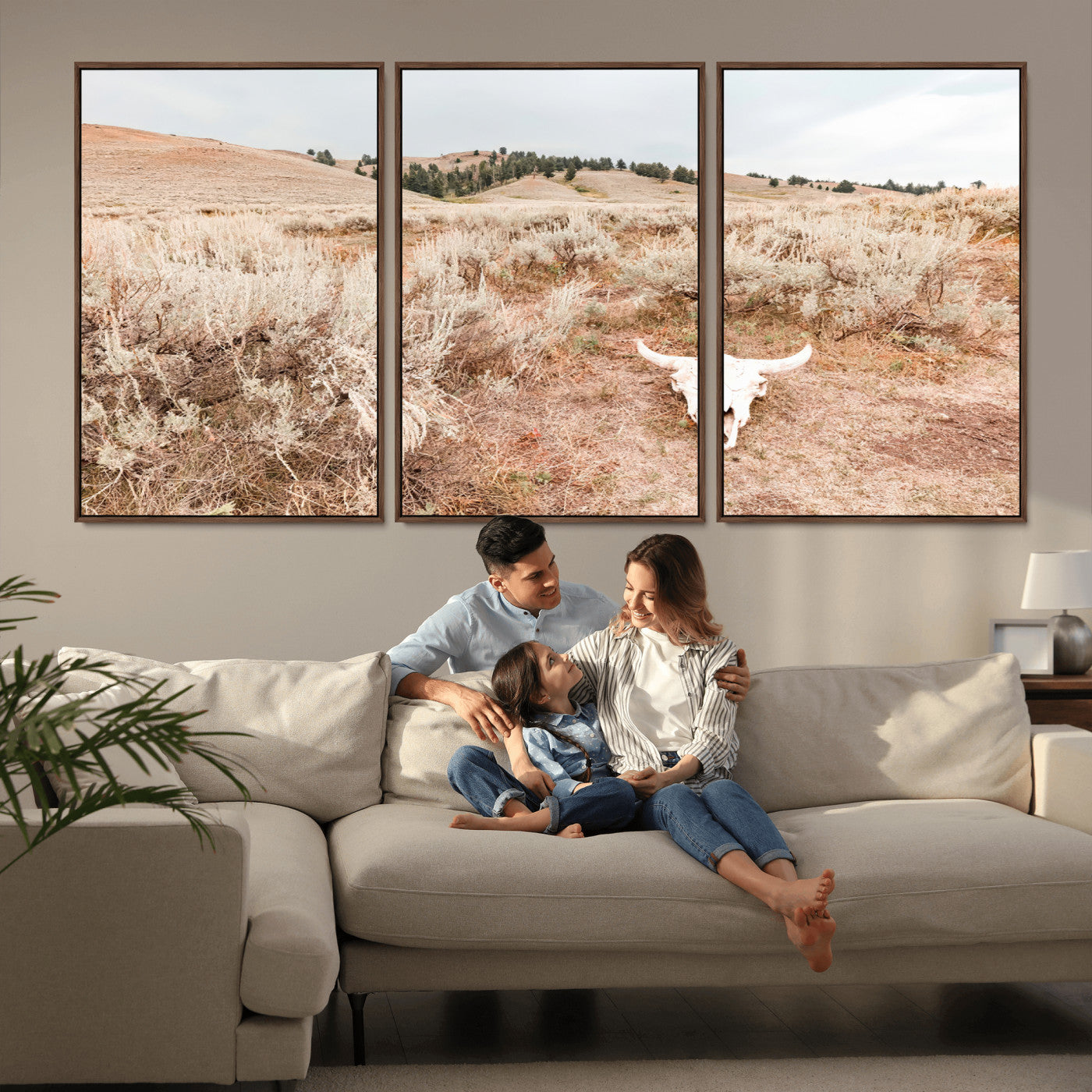 97234735-MGV-FC-60X30-3P_Walnut-Rustic Bones Wall Art Canvas Print, Framed Desert Sage Art Picture Print, Prairie Skull Perfect Minimal Rustic Decor Artwork