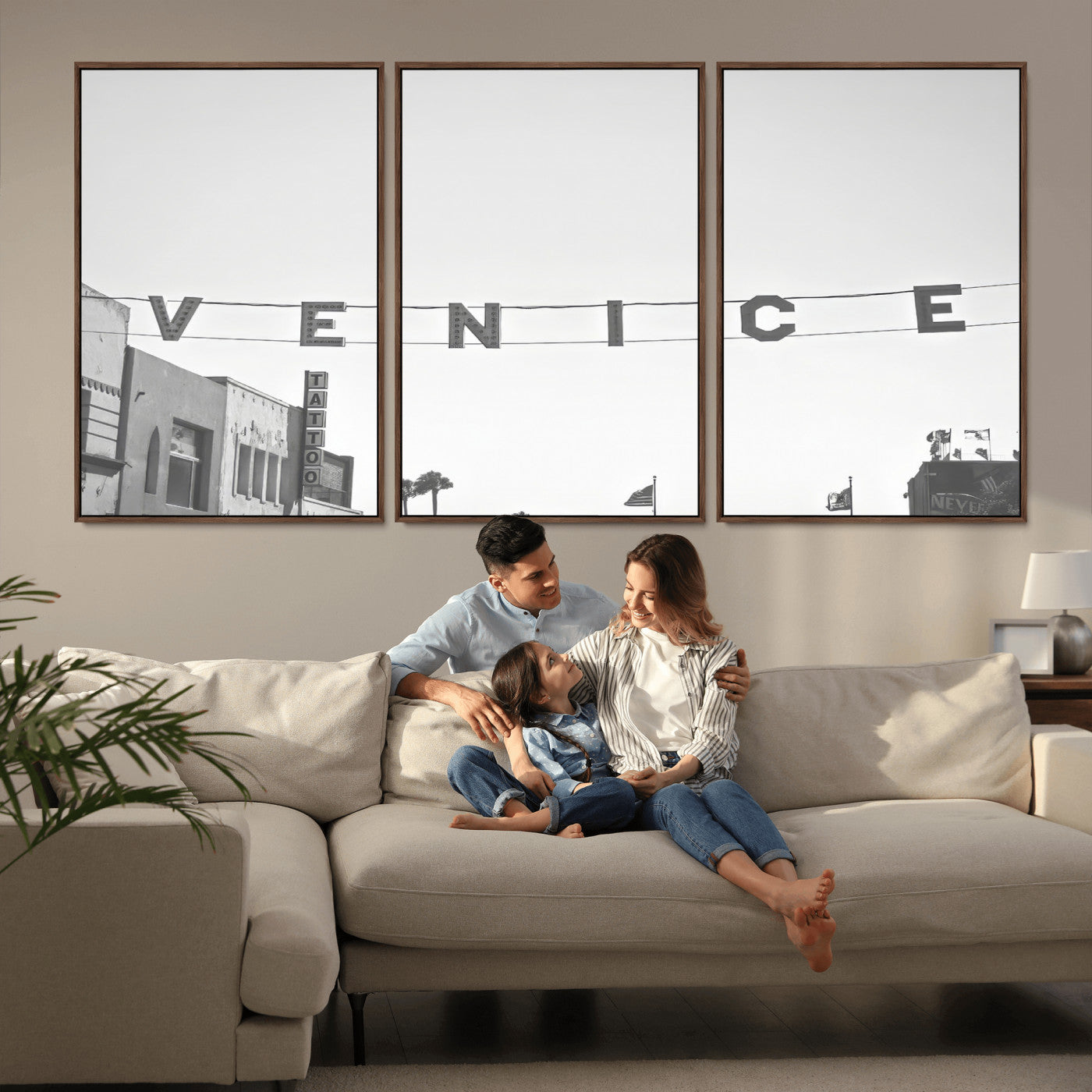 68254589-MGV-FC-60X30-3P_Walnut-Venice Sign Wall Art Canvas Print, Framed Venice Letters Art Picture Print, Los Angeles Perfect Minimalist Urban Decor Artwork