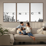 68254589-MGV-FC-60X30-3P_Walnut-Venice Sign Wall Art Canvas Print, Framed Venice Letters Art Picture Print, Los Angeles Perfect Minimalist Urban Decor Artwork