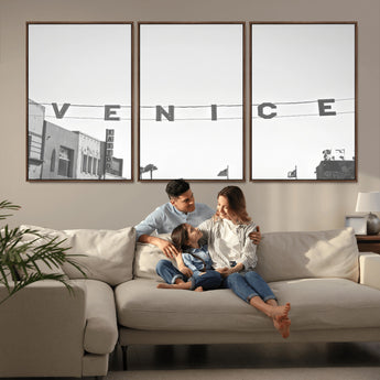 68254589-MGV-FC-60X30-3P_Walnut-Venice Sign Wall Art Canvas Print, Framed Venice Letters Art Picture Print, Los Angeles Perfect Minimalist Urban Decor Artwork