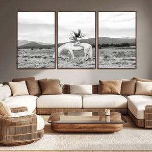 62789800-MGV-CV-36X24-White Horse Wall Art Canvas Print, Framed Woman Rider Art Picture Print, Equestrian Pose Perfect Western Boho Decor Artwork