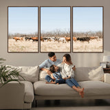 16563092-MGV-FC-60X30-3P_Walnut-Texas Longhorns Wall Art Canvas Print, Framed Western Cattles Art Picture Print, Rustic Herd Perfect Rustic Farmhouse Decor