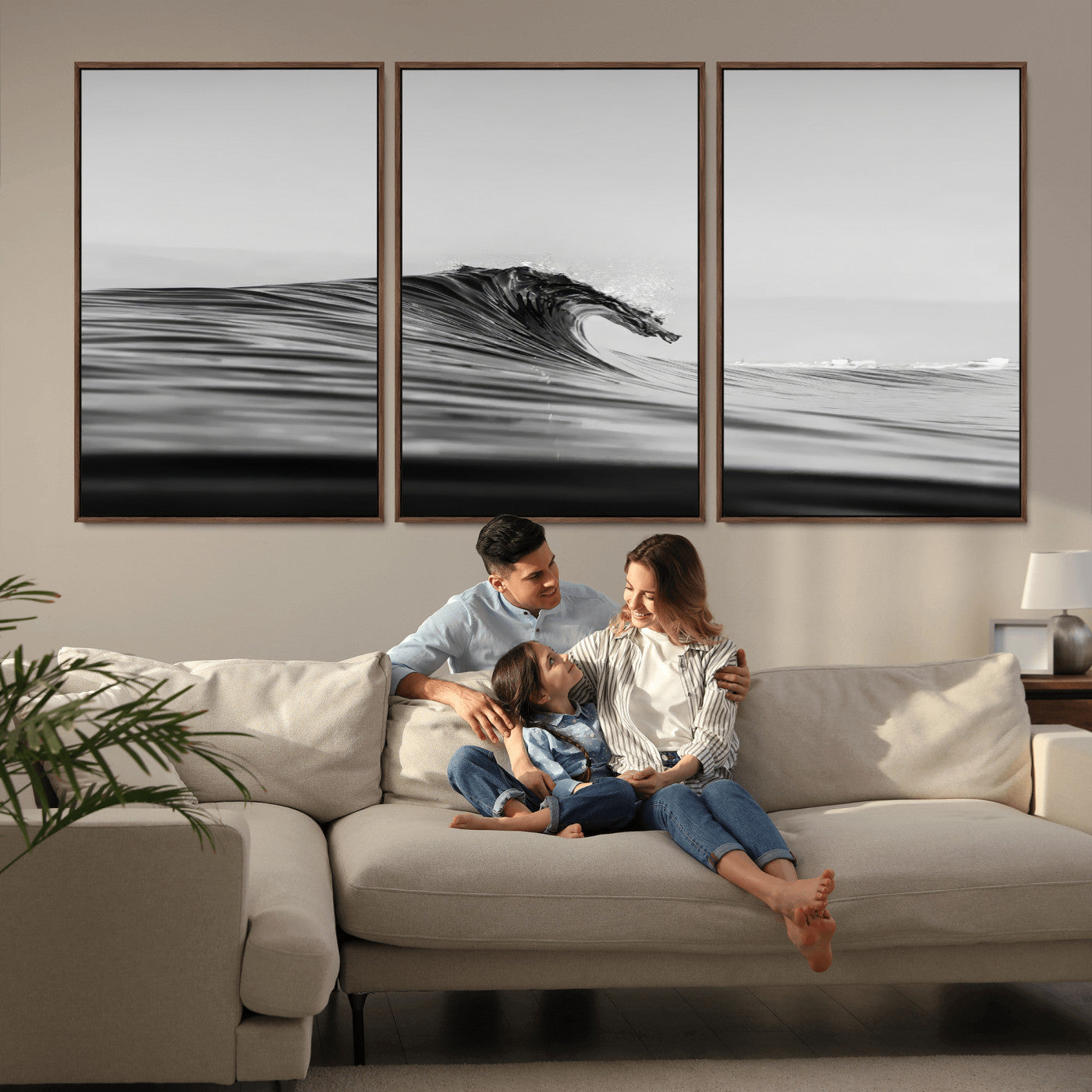 24029476-MGV-FC-60X30-3P_Walnut-Black Wave Wall Art Canvas Print, Framed Abstract Surf Art Picture Print, Minimalist Ocean Perfect Minimalist Coastal Decor