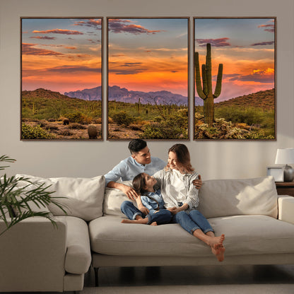 25332783-MGV-FC-60X30-3P_Walnut-Saguaro Cactus Wall Art Canvas Print, Framed Arizona Sunset Art Picture Print, Sonoran Desert Perfect Southwestern Boho Decor